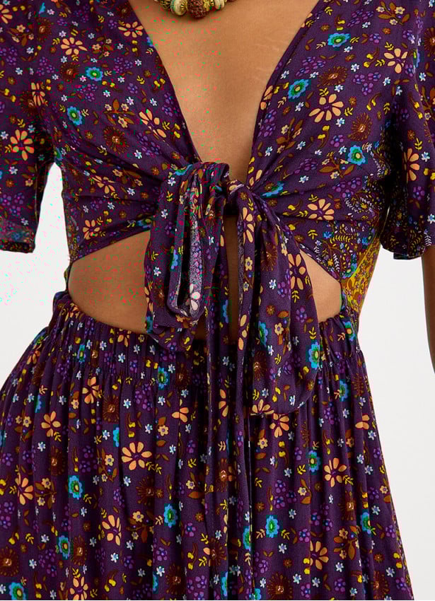 Border Hem Detail Tie Front Purple Floral Summer Dress